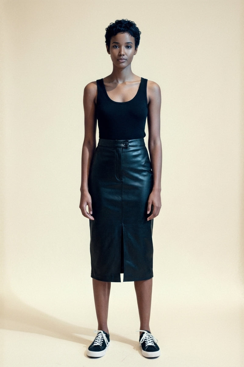 Black Faux-Leather Front-Slit Pencil Skirt