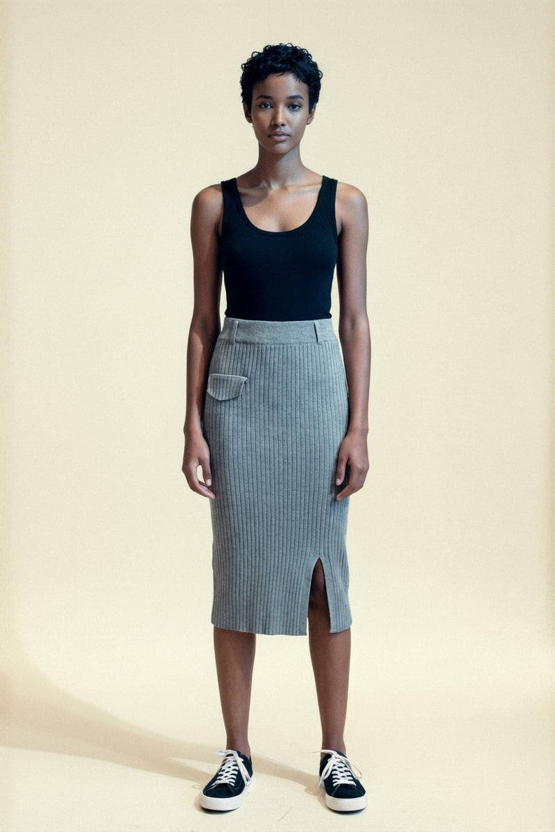 Grey Ribbed Knit Pencil Skirt